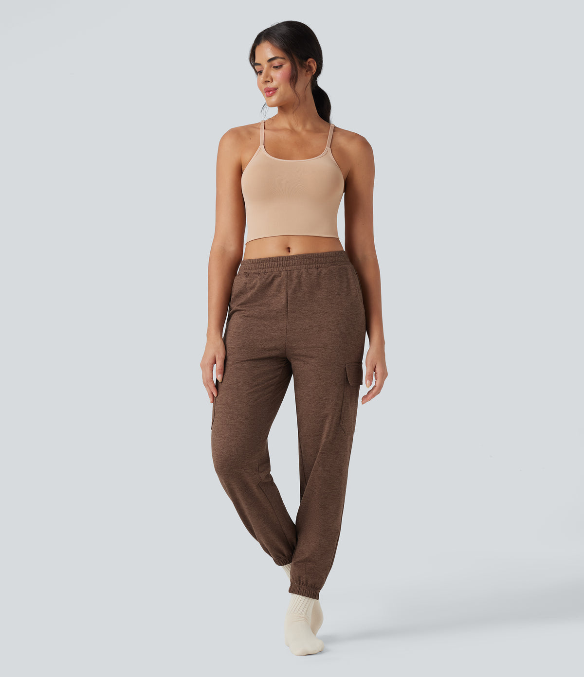 Mid Rise Quick Dry Heathered Lounge Cargo Warming Joggers with Pockets-UPF40+ — Claystone — view 6