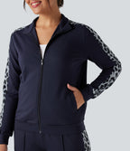Stand Collar Contrast Leopard Casual Jacket with Pockets — Deep Dark Blue — view 5