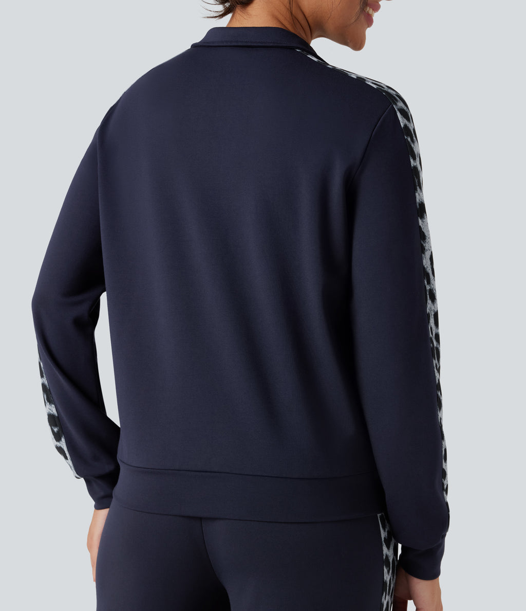 Stand Collar Contrast Leopard Casual Jacket with Pockets — Deep Dark Blue — view 6