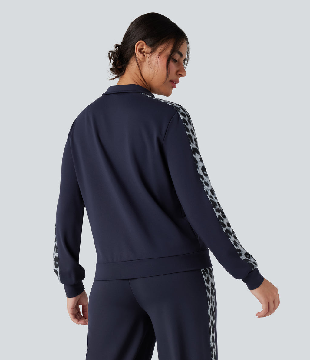 Stand Collar Contrast Leopard Casual Jacket with Pockets — Deep Dark Blue — view 2