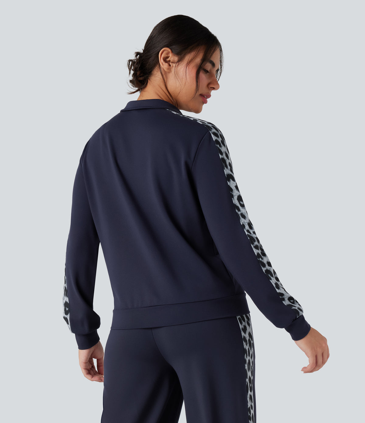 Stand Collar Contrast Leopard Casual Jacket with Pockets — Deep Dark Blue — view 2