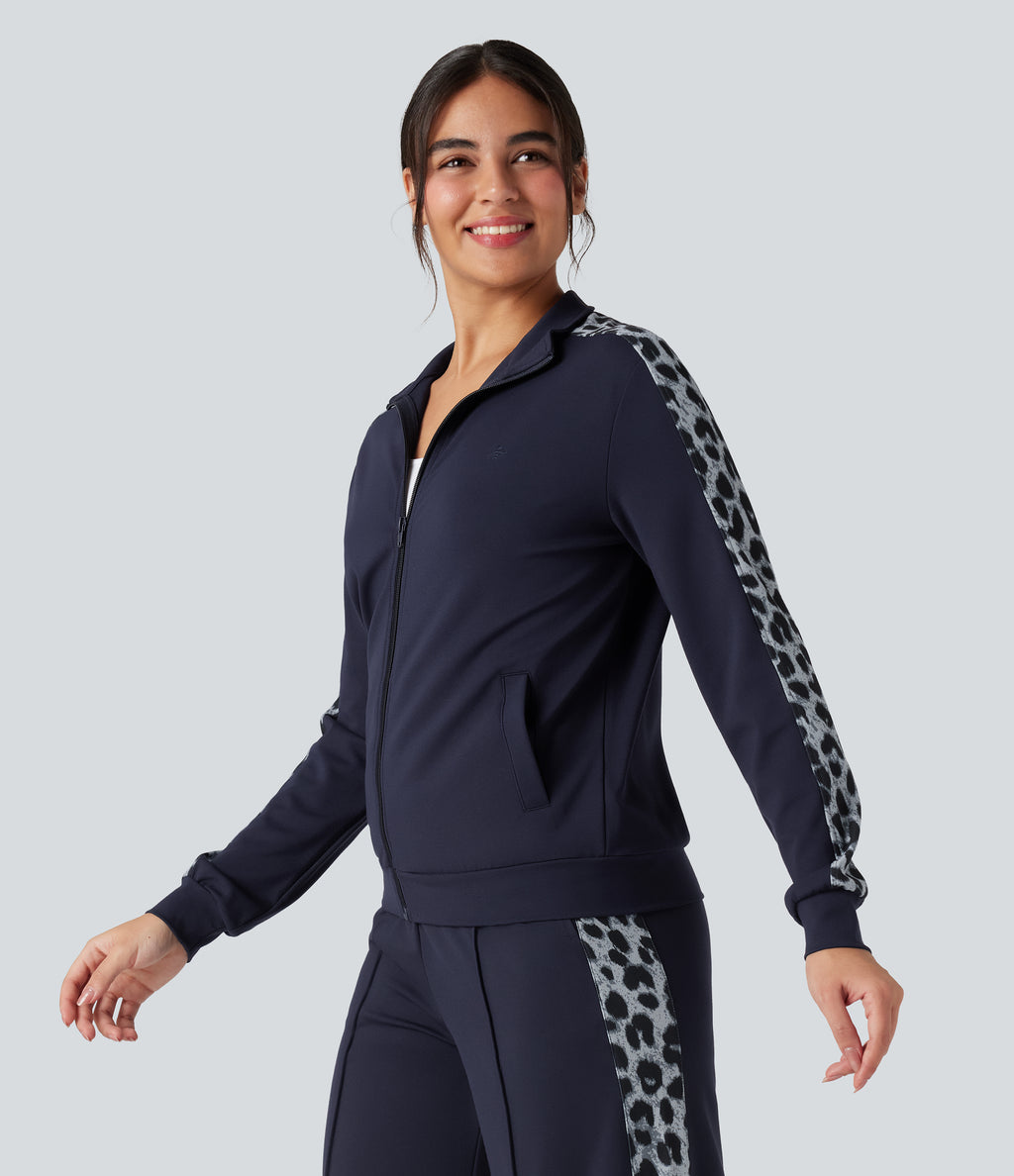 Stand Collar Contrast Leopard Casual Jacket with Pockets — Deep Dark Blue — view 3