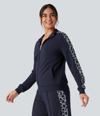 Stand Collar Contrast Leopard Casual Jacket with Pockets — Deep Dark Blue — view 3