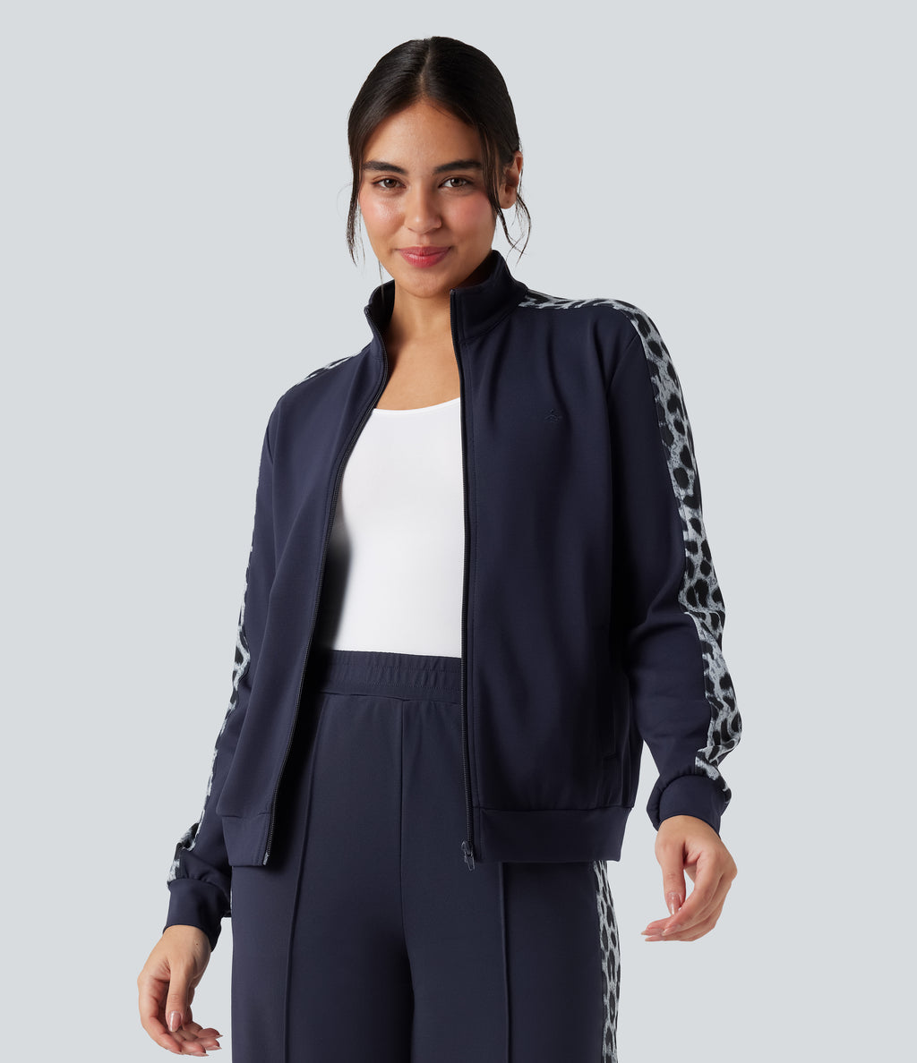 Stand Collar Contrast Leopard Casual Jacket with Pockets — Deep Dark Blue — view 1