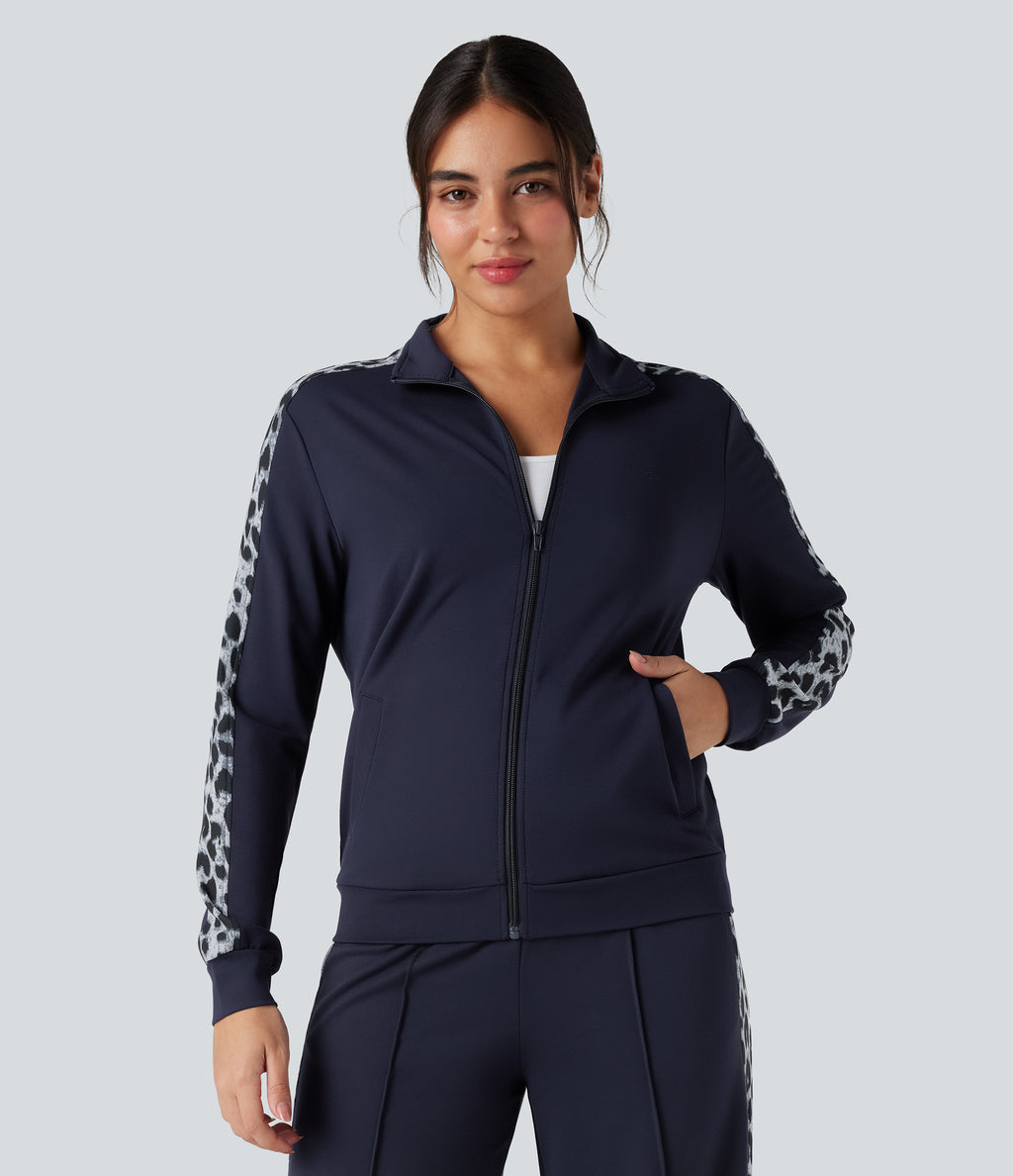 Stand Collar Contrast Leopard Casual Jacket with Pockets — Deep Dark Blue — view 4