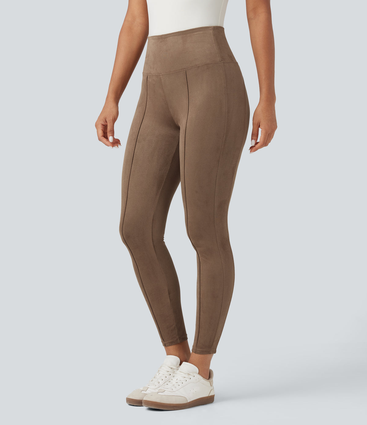 High Waisted Tummy Control Suede Casual 7/8 Leggings — Coca Mocha — view 3