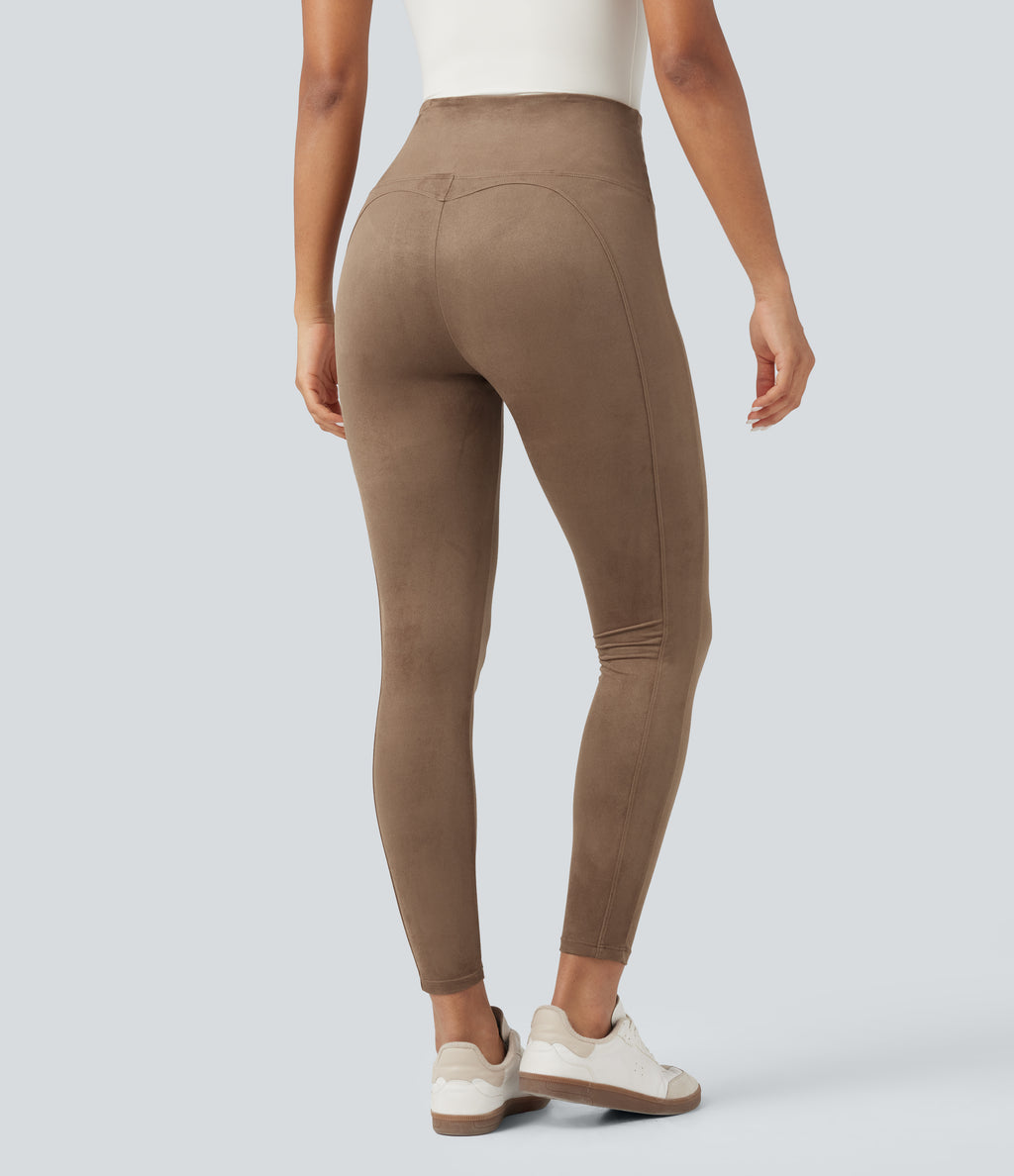 High Waisted Tummy Control Suede Casual 7/8 Leggings — Coca Mocha — view 2