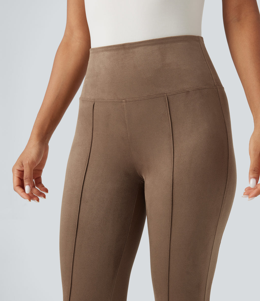 High Waisted Tummy Control Suede Casual 7/8 Leggings — Coca Mocha — view 4