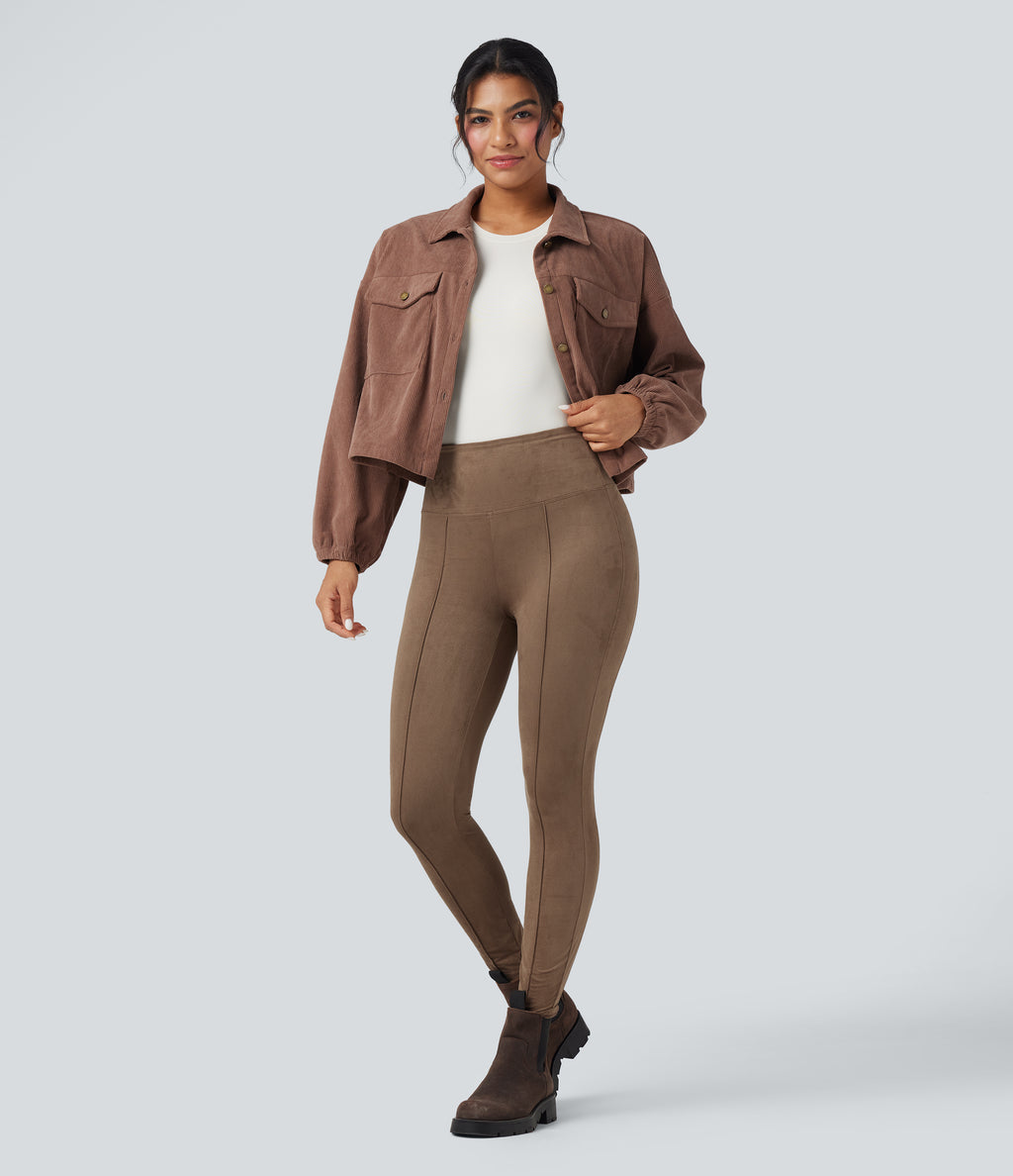 High Waisted Tummy Control Suede Casual 7/8 Leggings — Coca Mocha — view 7