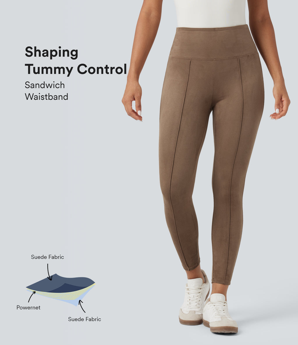 High Waisted Tummy Control Suede Casual 7/8 Leggings — Coca Mocha — view 1