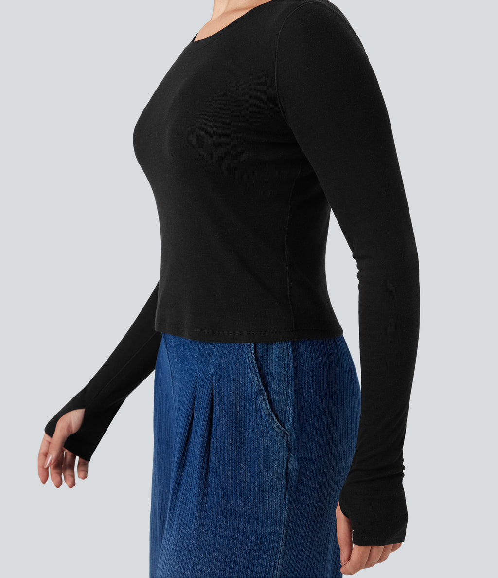 Scoop Neck Long Sleeve Thumb Hole Casual Wool-Blend Top — Black — view 4