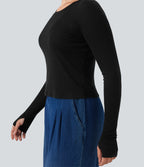 Scoop Neck Long Sleeve Thumb Hole Casual Wool-Blend Top — Black — view 4