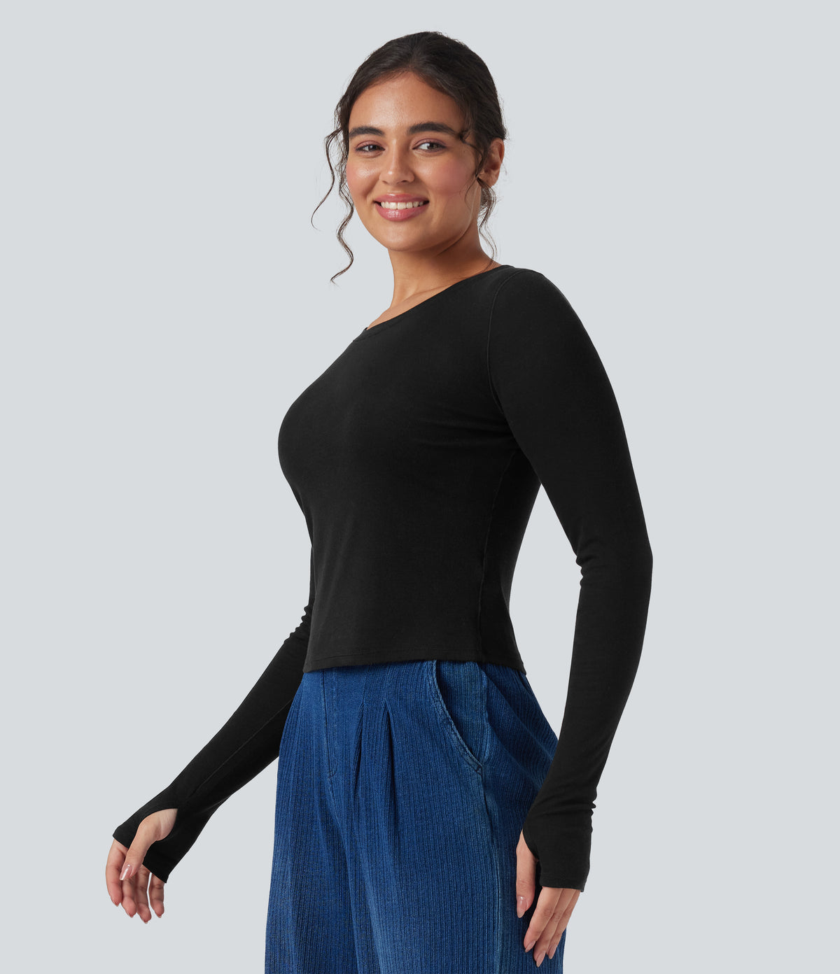 Scoop Neck Long Sleeve Thumb Hole Casual Wool-Blend Top — Black — view 3