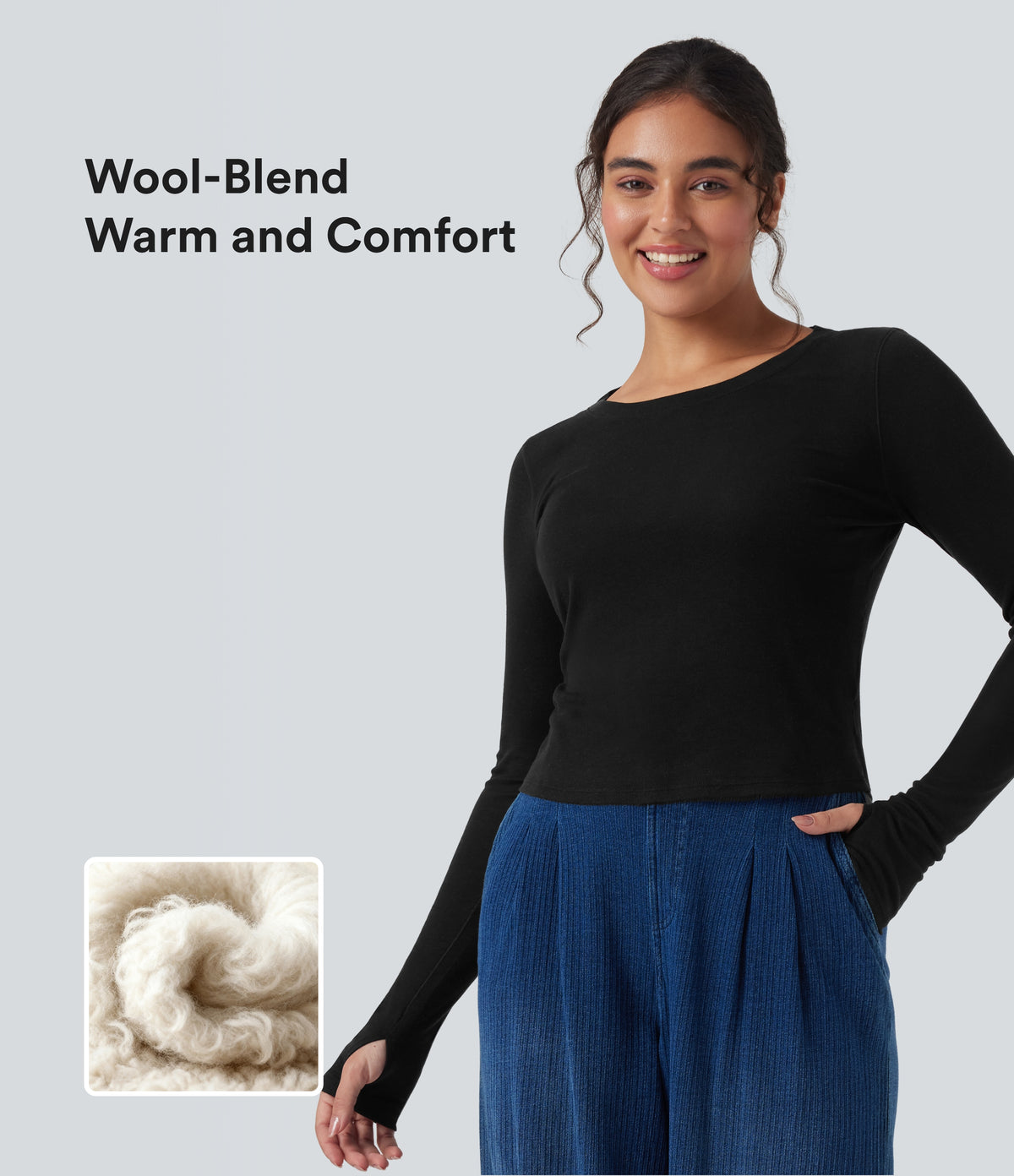 Scoop Neck Long Sleeve Thumb Hole Casual Wool-Blend Top — Black — view 1