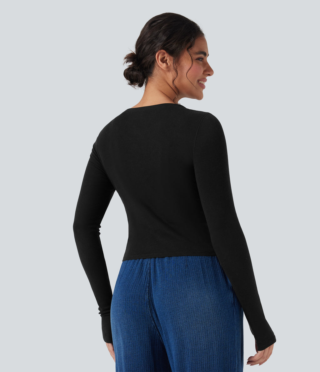 Scoop Neck Long Sleeve Thumb Hole Casual Wool-Blend Top — Black — view 2