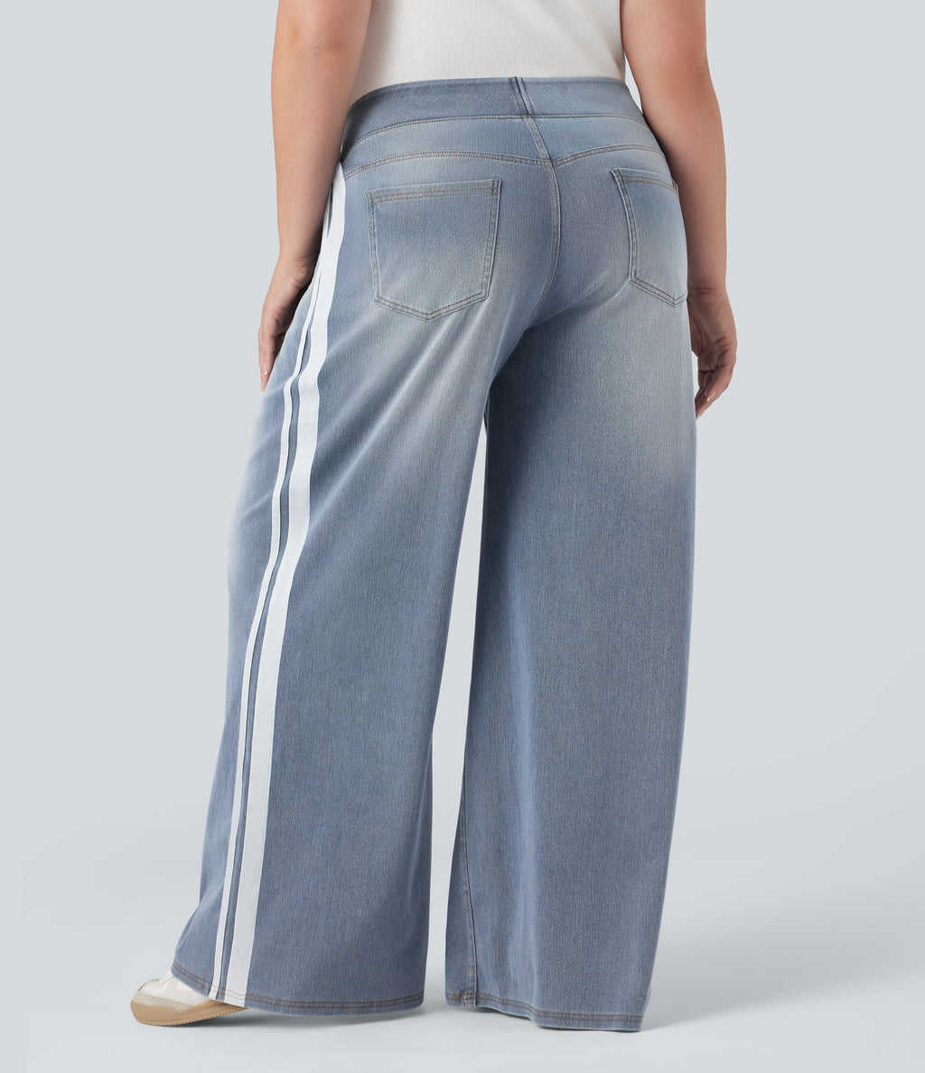 Plus Size High Waisted Stripe Wide Leg Flowy Washed Casual Jeans with Pockets — Sunset Blue Denim — view 2