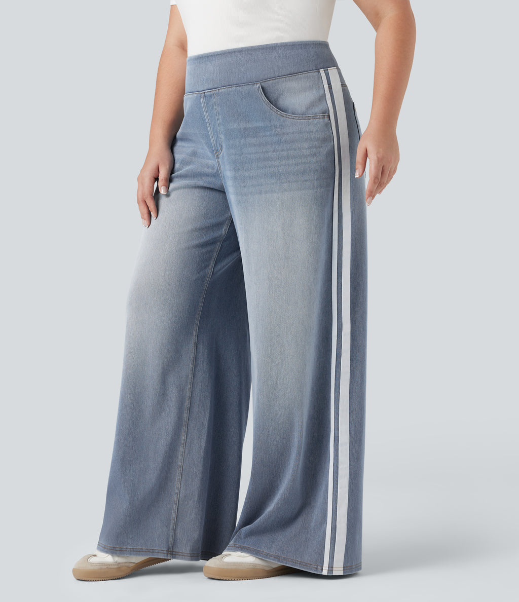 Plus Size High Waisted Stripe Wide Leg Flowy Washed Casual Jeans with Pockets — Sunset Blue Denim — view 1