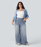 Plus Size High Waisted Stripe Wide Leg Flowy Washed Casual Jeans with Pockets — Sunset Blue Denim — view 7