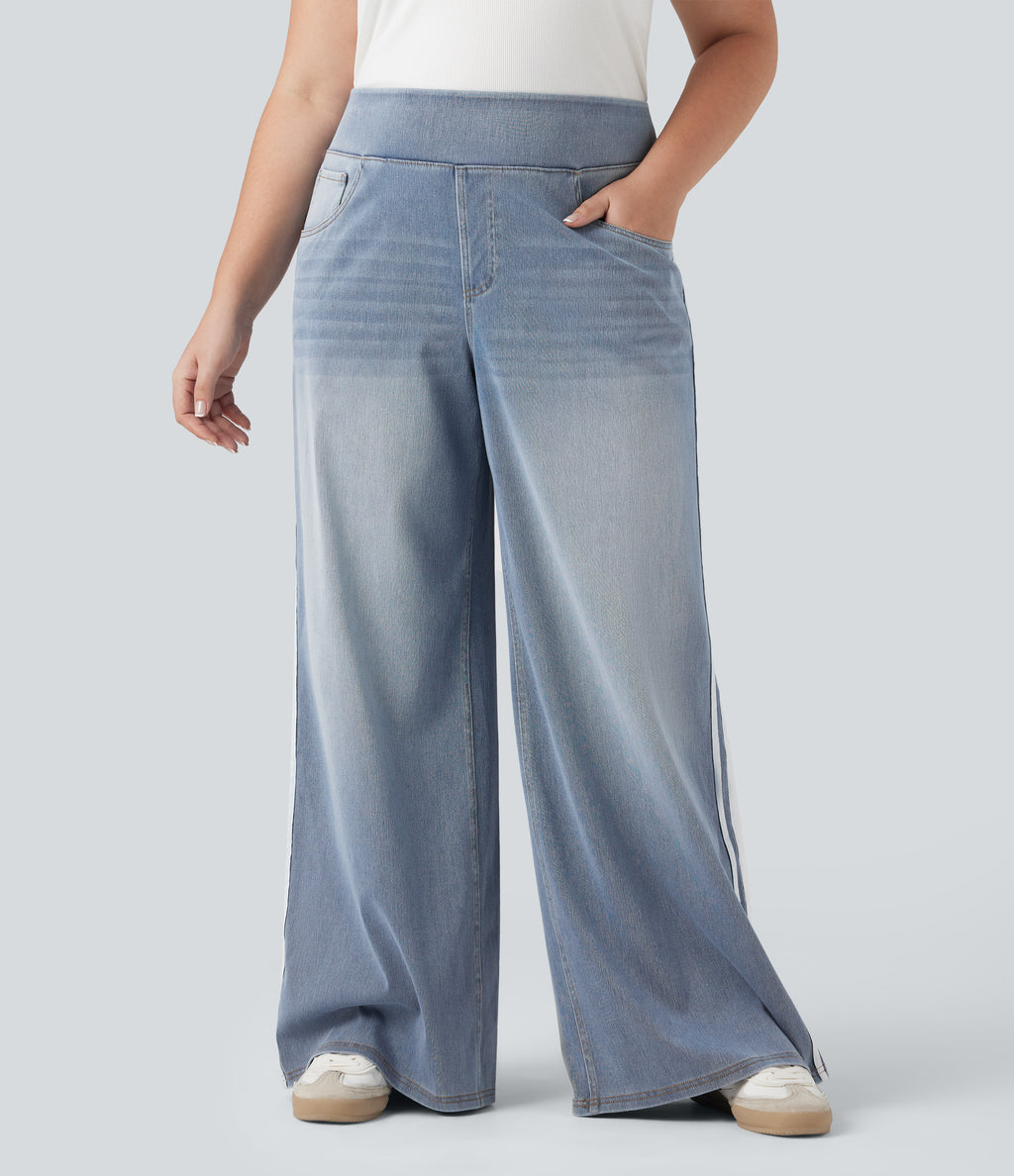 Plus Size High Waisted Stripe Wide Leg Flowy Washed Casual Jeans with Pockets — Sunset Blue Denim — view 3