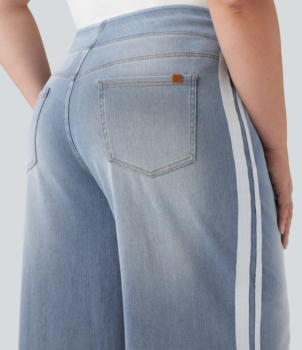 Plus Size High Waisted Stripe Wide Leg Flowy Washed Casual Jeans with Pockets — Sunset Blue Denim — view 5