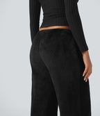 Mid Rise Drawstring Teddy Straight Leg Casual Trousers with Pockets — Black — view 6