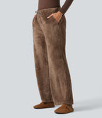Mid Rise Drawstring Teddy Straight Leg Casual Trousers with Pockets — Muted Brown — view 7