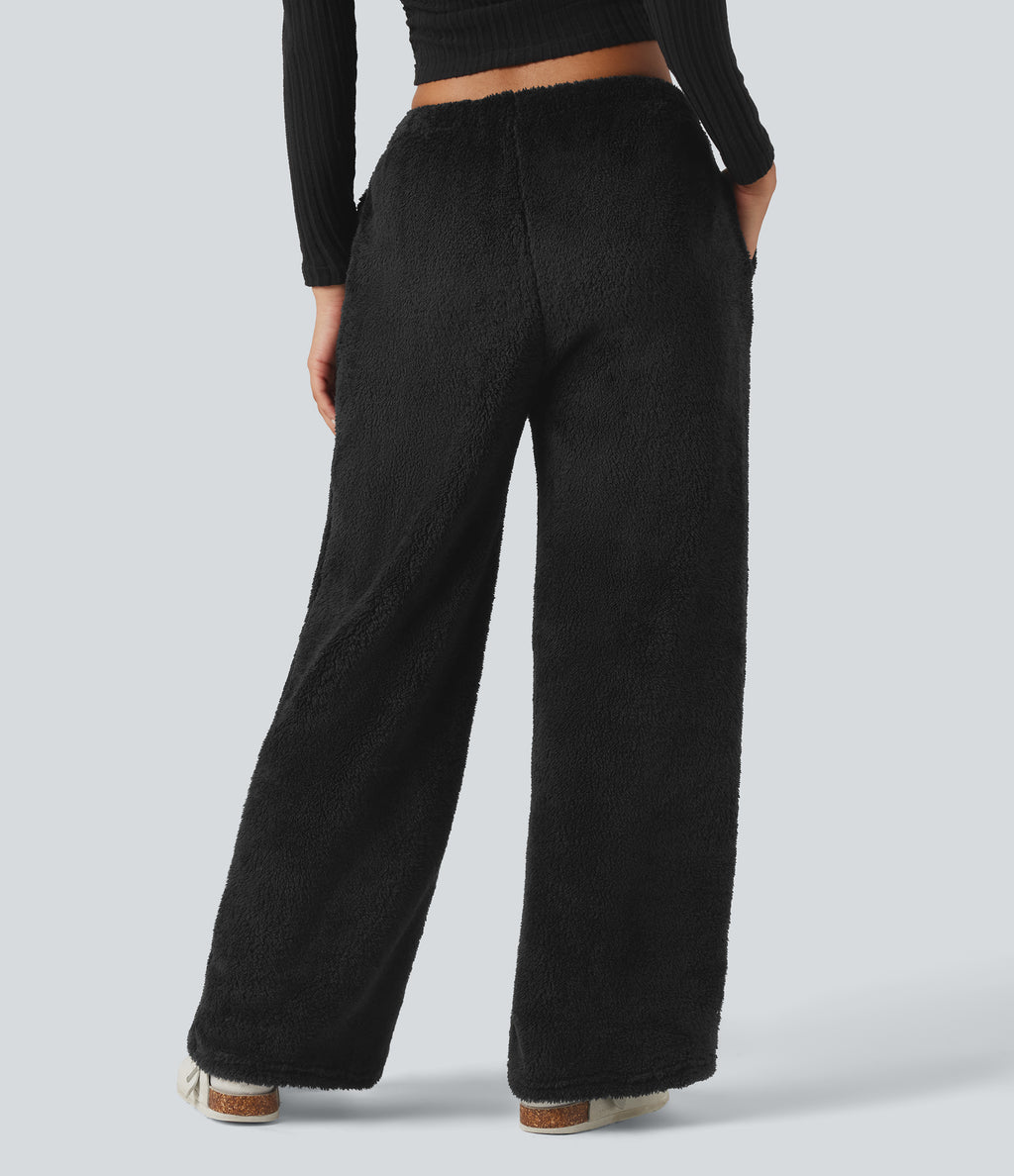 Mid Rise Drawstring Teddy Straight Leg Casual Trousers with Pockets — Black — view 3
