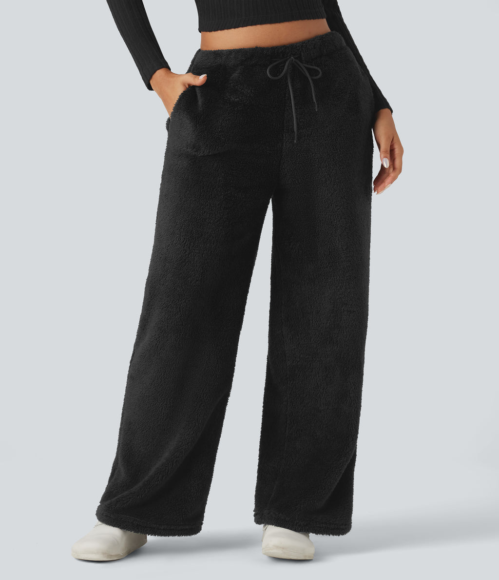 Mid Rise Drawstring Teddy Straight Leg Casual Trousers with Pockets — Black — view 2