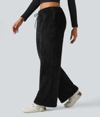 Mid Rise Drawstring Teddy Straight Leg Casual Trousers with Pockets — Black — view 4