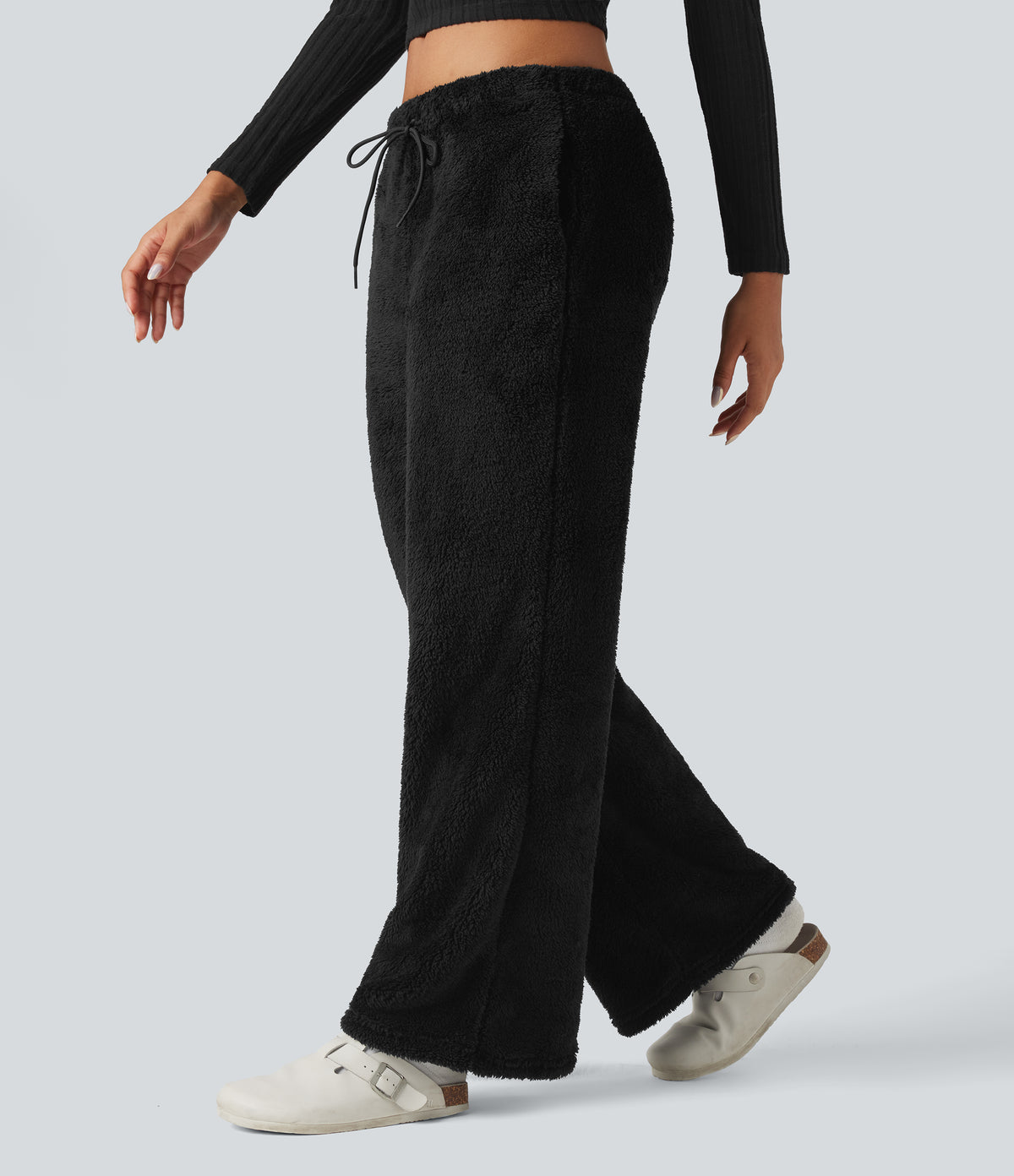 Mid Rise Drawstring Teddy Straight Leg Casual Trousers with Pockets — Black — view 4