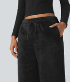 Mid Rise Drawstring Teddy Straight Leg Casual Trousers with Pockets — Black — view 5
