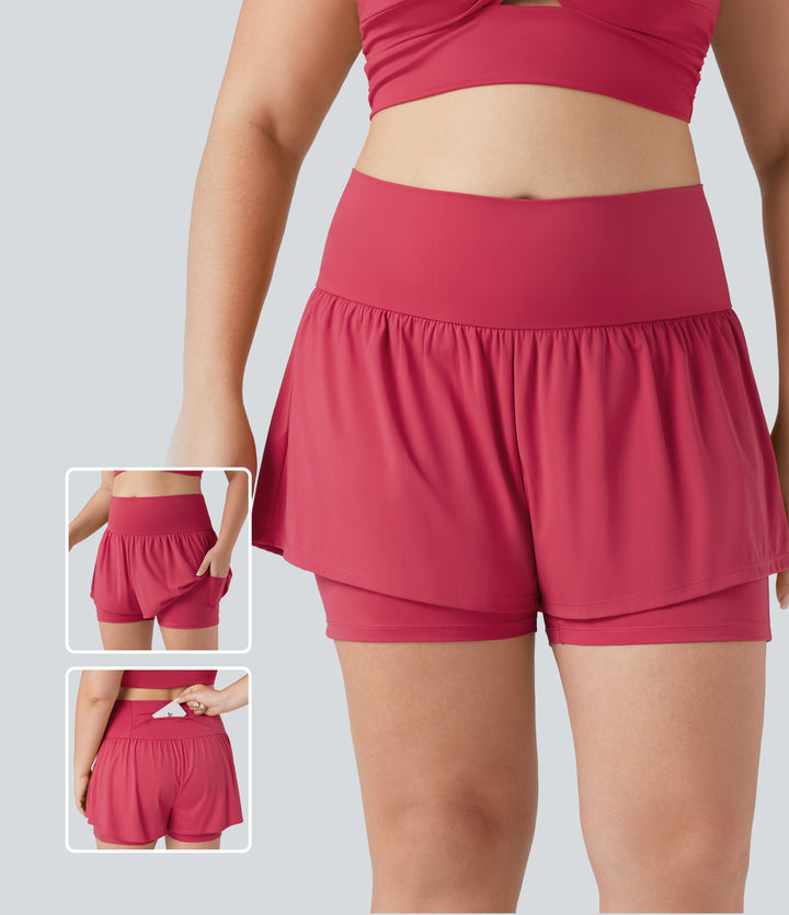 Airy Super High Waisted 2-in-1 InstantCool Yoga Plus Size Shorts 5'' with Pockets — Winterberry — view 1