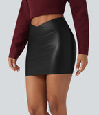 High Waisted Crossover 2-in-1 Bodycon Mini Fleece Casual PU Faux Leather Skirt — Black — view 3