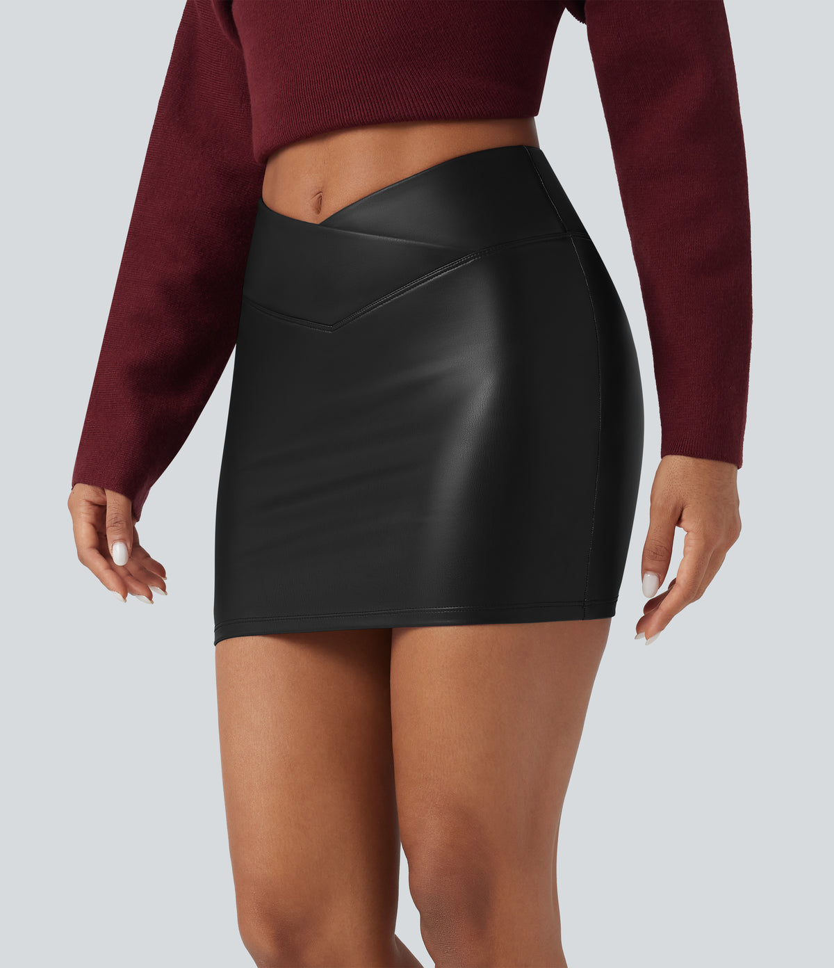 High Waisted Crossover 2-in-1 Bodycon Mini Fleece Casual PU Faux Leather Skirt — Black — view 3