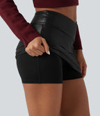 High Waisted Crossover 2-in-1 Bodycon Mini Fleece Casual PU Faux Leather Skirt — Black — view 4