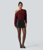 High Waisted Crossover 2-in-1 Bodycon Mini Fleece Casual PU Faux Leather Skirt — Black — view 6