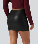 High Waisted Crossover 2-in-1 Bodycon Mini Fleece Casual PU Faux Leather Skirt — Black — view 2