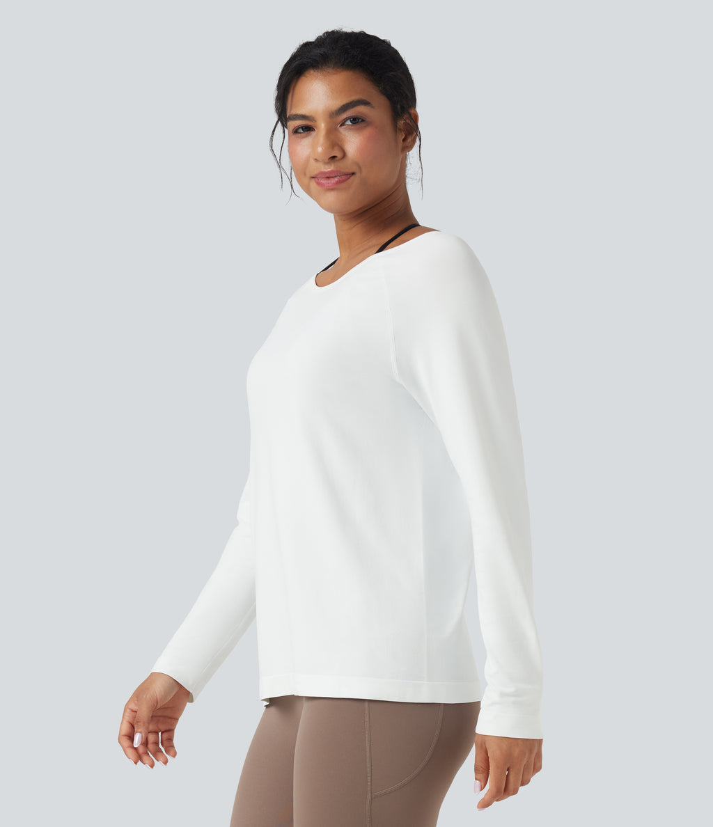 OneForm Seamless Flow Scoop Neck Long Sleeve Workout Sports Top — White — view 3