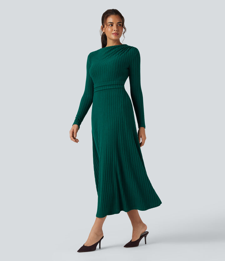 Ribbed Knit Long Sleeve Midi Fleece Casual Dress with Pockets — Mottled Greenlake — view 1
