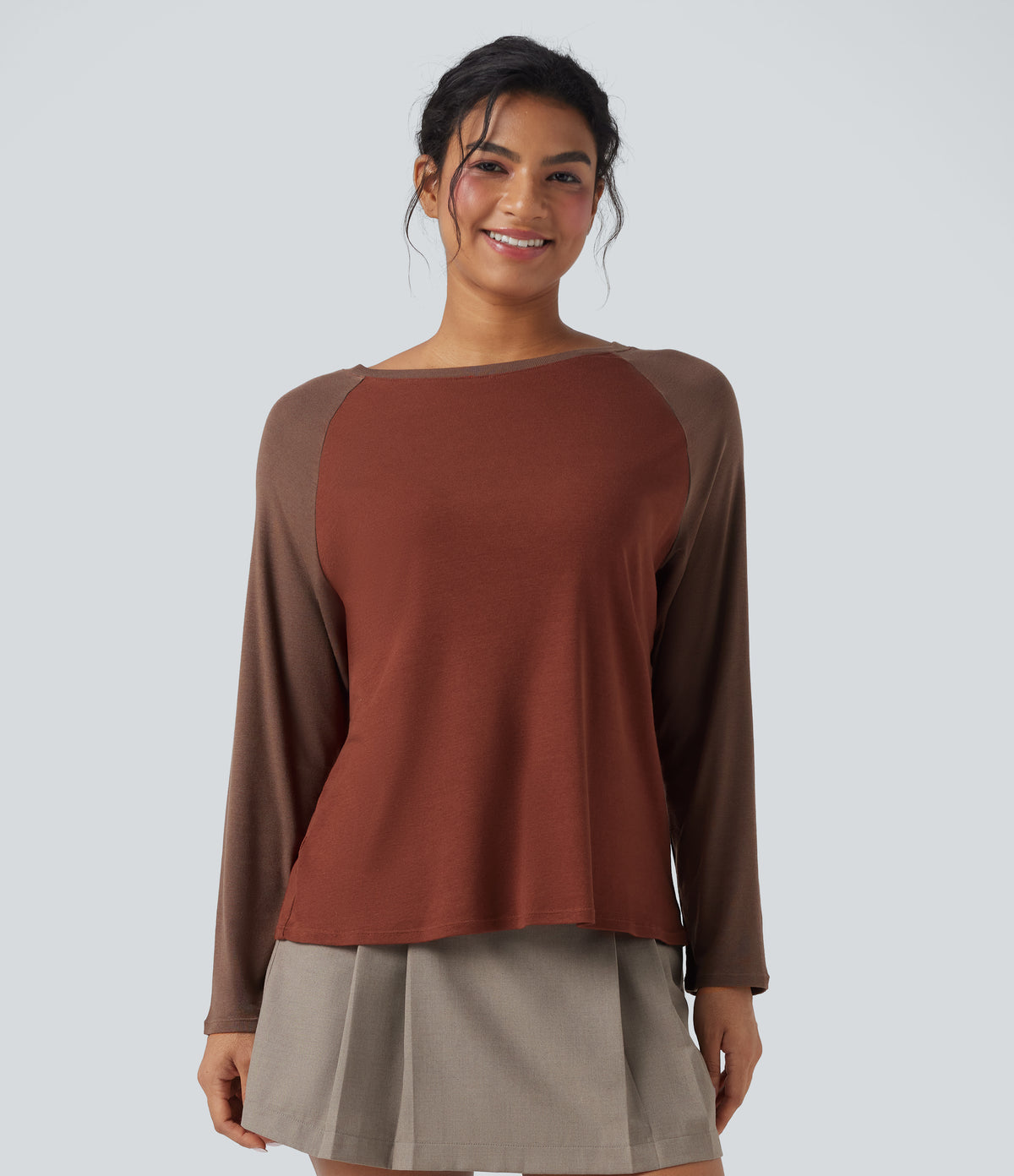 Round Neck Raglan Long Sleeve Color Block Casual Top — Roasted Russet — view 3
