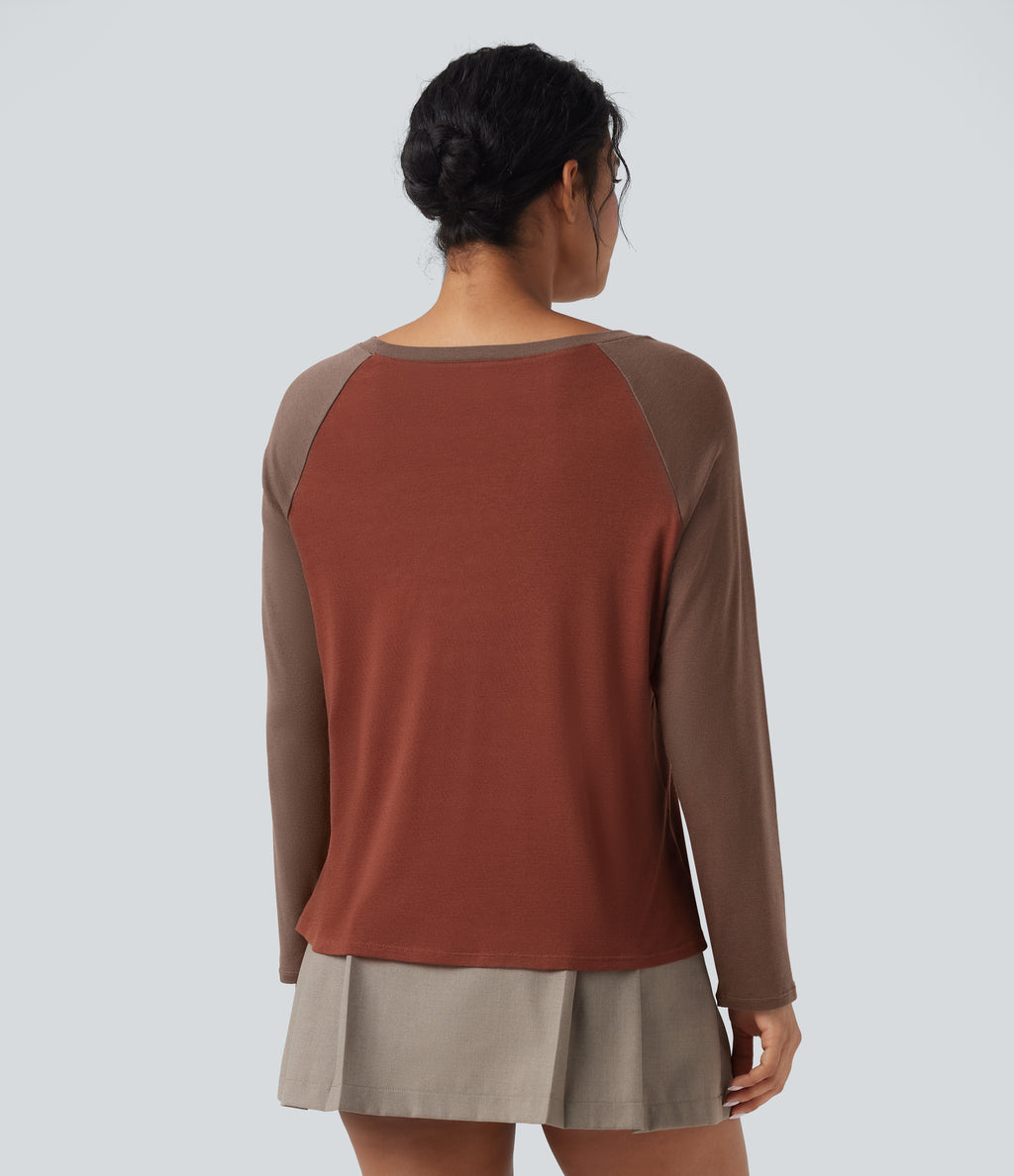 Round Neck Raglan Long Sleeve Color Block Casual Top — Roasted Russet — view 2