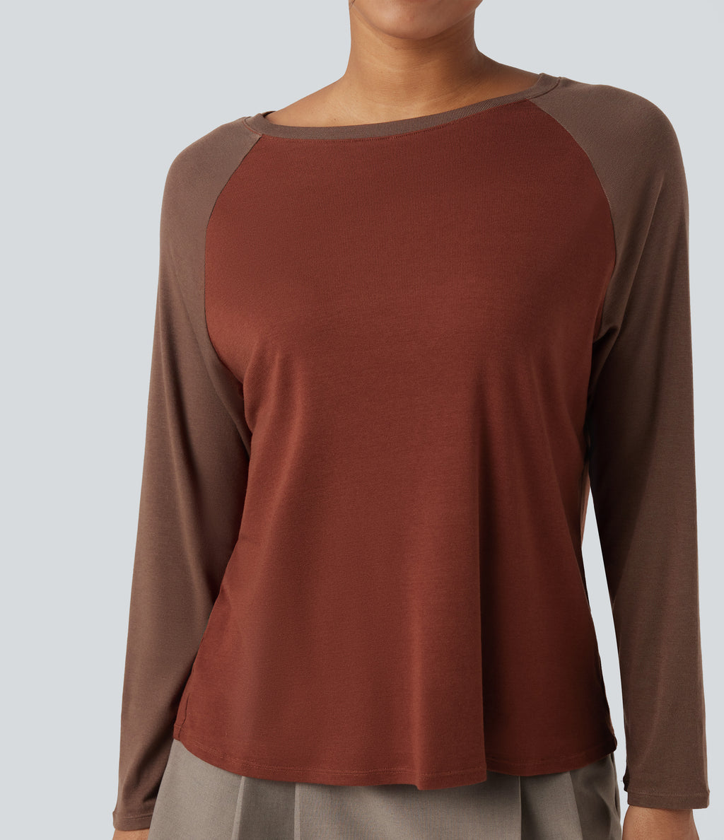 Round Neck Raglan Long Sleeve Color Block Casual Top — Roasted Russet — view 5