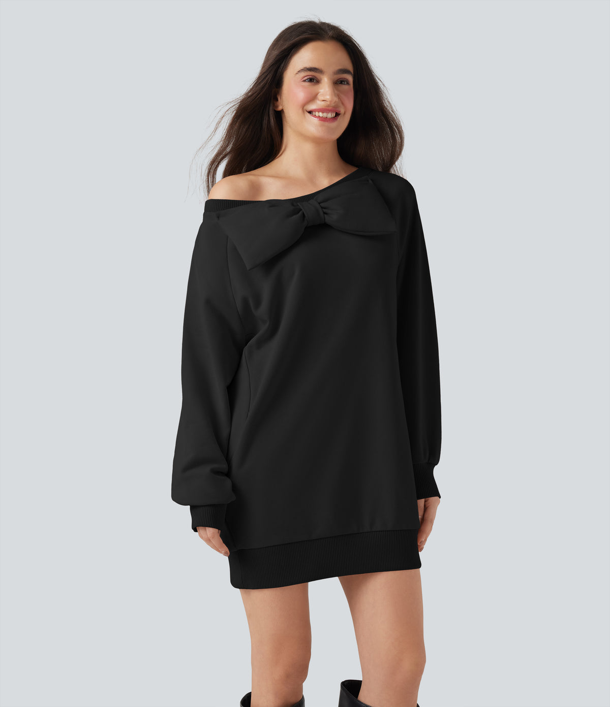 Bow Boat Neck Long Sleeve Casual Cotton Sweatshirt with Pockets — Black — view 4