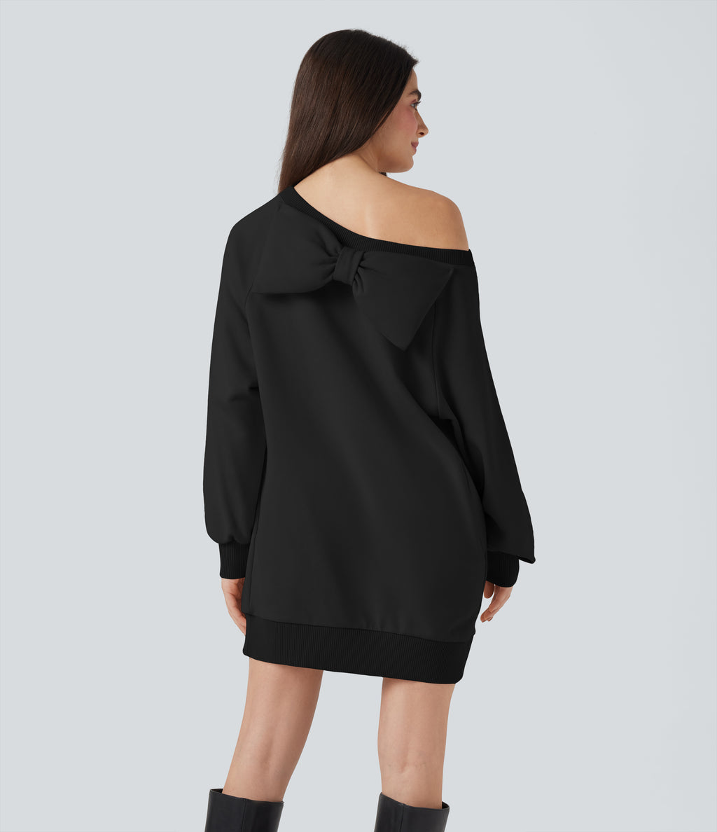 Bow Boat Neck Long Sleeve Casual Cotton Sweatshirt with Pockets — Black — view 3