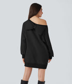 Bow Boat Neck Long Sleeve Casual Cotton Sweatshirt with Pockets — Black — view 3