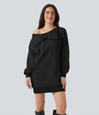Bow Boat Neck Long Sleeve Casual Cotton Sweatshirt with Pockets — Black — view 5