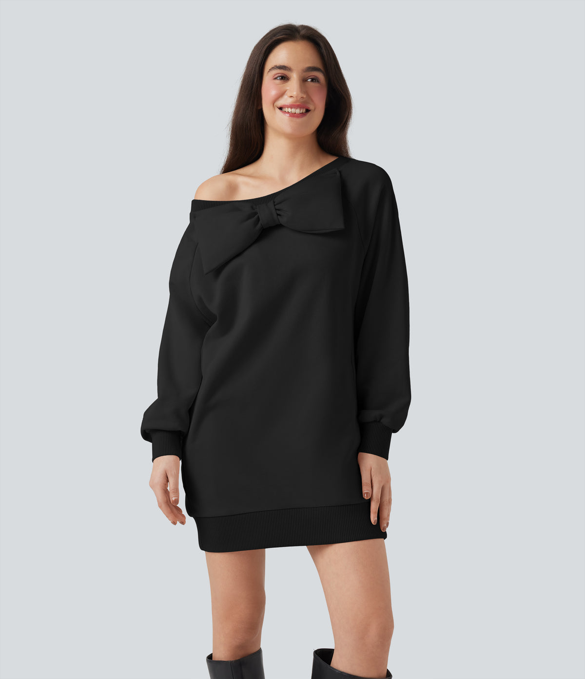 Bow Boat Neck Long Sleeve Casual Cotton Sweatshirt with Pockets — Black — view 5