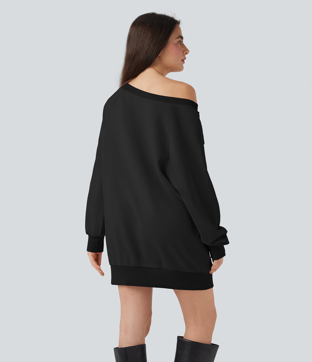 Bow Boat Neck Long Sleeve Casual Cotton Sweatshirt with Pockets — Black — view 2