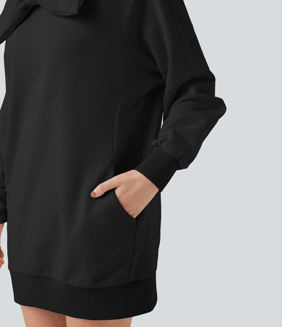 Bow Boat Neck Long Sleeve Casual Cotton Sweatshirt with Pockets — Black — view 7