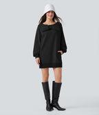 Bow Boat Neck Long Sleeve Casual Cotton Sweatshirt with Pockets — Black — view 1